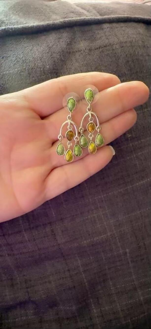 Vintage LIA SOPHIA Signed Textured Foil Teardrop Chandelier Earrings Green Amber